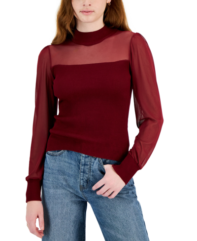 Shop Crave Fame Juniors' Illusion Mesh-sleeve Sweater In Burgundy