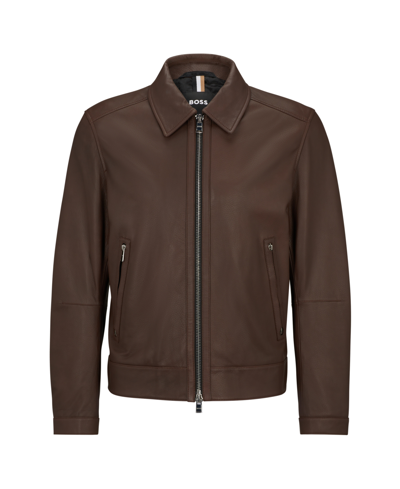 Shop Hugo Boss Boss By  Men's Two-way Zip Leather Jacket In Dark Brown