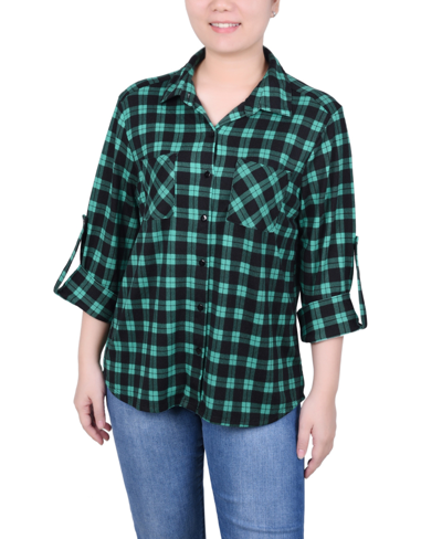 Shop Ny Collection Petite Long Sleeve Button Front Tunic Top In Green Black Plaid