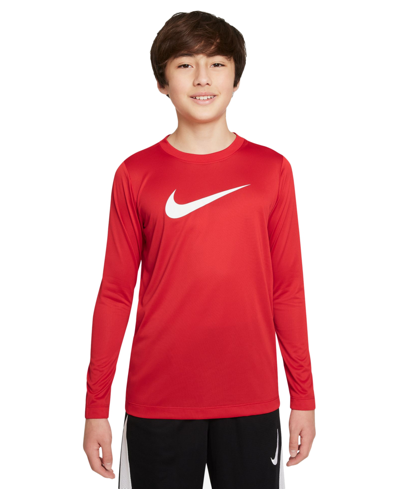 Shop Nike Big Kids Dri-fit Legend Logo-print Long-sleeve Training T-shirt In University Red,white