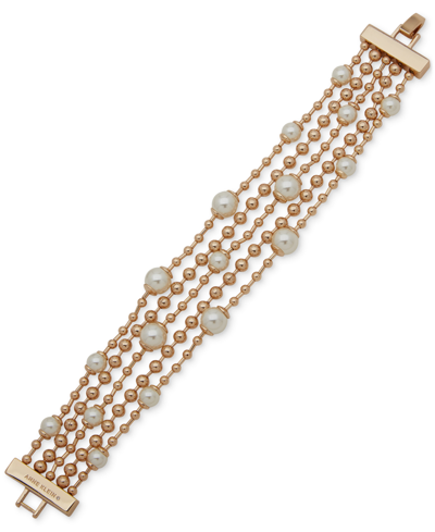 Shop Anne Klein Gold-tone & Imitation Pearl Beaded Multi-row Flex Bracelet In Crystal