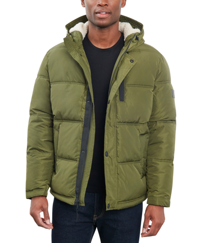 Lucky Brand Davis Water Resistant Faux Shearling Lined Hood Puffer Jacket In Olive