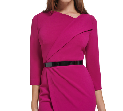 Shop Calvin Klein Petite Belted 3/4-sleeve Tulip-hem Dress In Boysenberry
