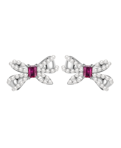 Shop Macy's Imitation Pearl And Cubic Zirconia Bow Stud Earrings In Red