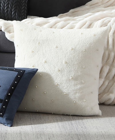 Shop Karl Lagerfeld Faux Fur Imitation Pearl Decorative Pillow, 20" X 20" In Ivory