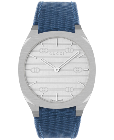 Shop Gucci Women's Swiss 25h Blue Leather Strap Watch 34mm In Stainless Steel,blue