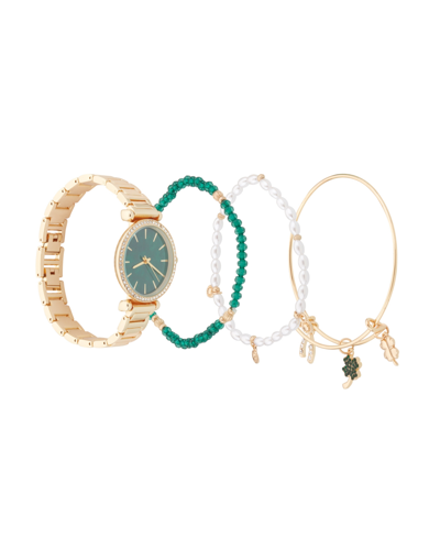 Shop Jessica Carlyle Women's Analog Shiny Gold-tone Metal Strap Watch 33mm 4 Pieces Bracelet Gift Set In Green,gold