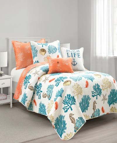 Shop Lush Decor Coastal Reef Feather Reversible Oversized 5-piece Quilt, Twin/twin Xl In Blue