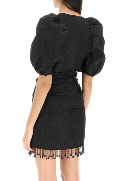 Shop Ganni Jacquard Blouse With Puff Sleeves In Black