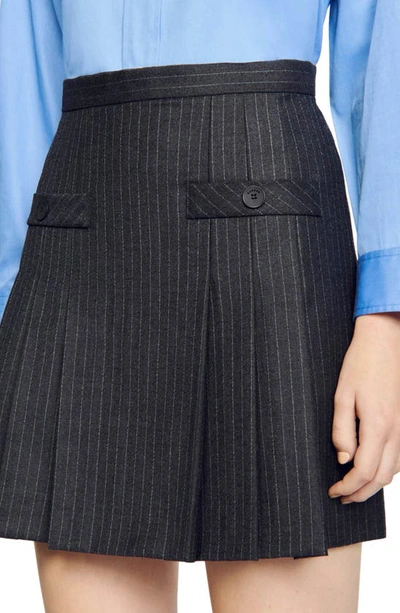 Shop Sandro Pinstripe Pleat Wool Miniskirt In Grey