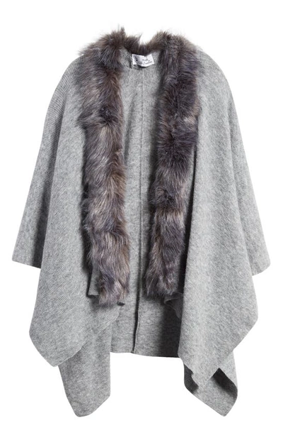 Shop La Fiorentina Ruana With Faux Fur Trim In Grey