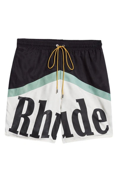 Shop Rhude Awakening Cupro Blend Shorts In Black/ Green/ Creme
