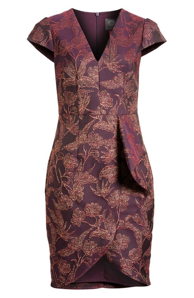 Shop Vince Camuto Metallic Cap Sleeve Jacquard Sheath Dress In Aubergine