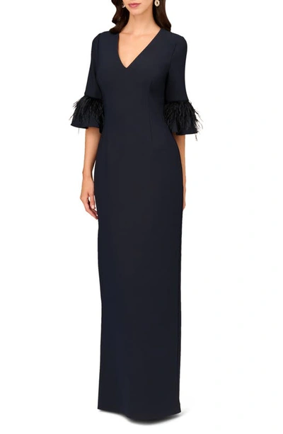 Shop Aidan Mattox By Adrianna Papell Feather Trim Column Gown In Twilight