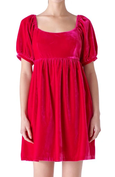 Shop English Factory Puff Sleeve Velvet Babydoll Dress In Raspberry