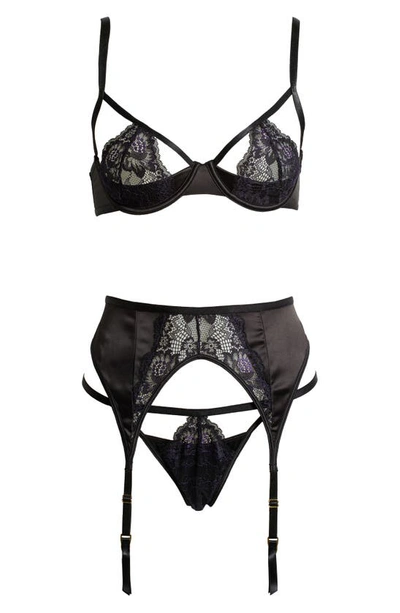 Oh La La Cheri Demi Cutout Underwire Bra, G-string & Garter Belt Set In Black/ Heliotrope