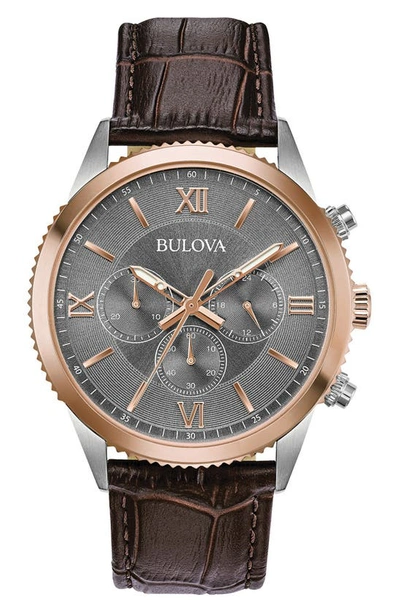 Shop Bulova Three-hand Chronograph Quartz Leather Strap Watch, 42mm In Brown