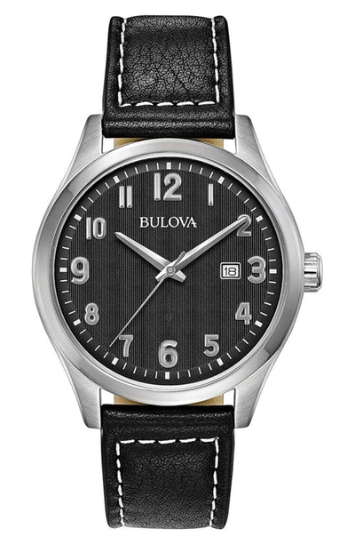 Shop Bulova Three-hand Quartz Leather Strap Watch, 44mm In Black
