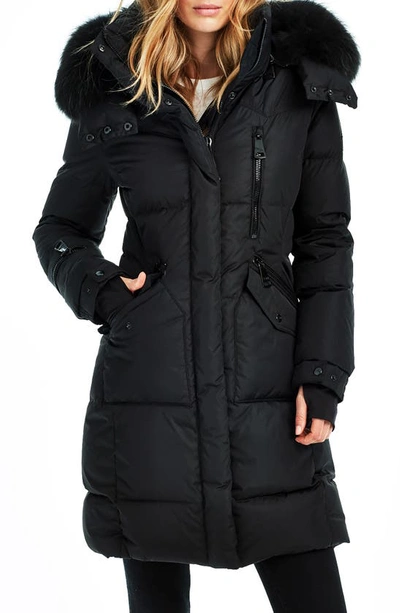 Shop Sam Longline Quilted Down Jacket With Removable Faux Fur Trim Hood In Black