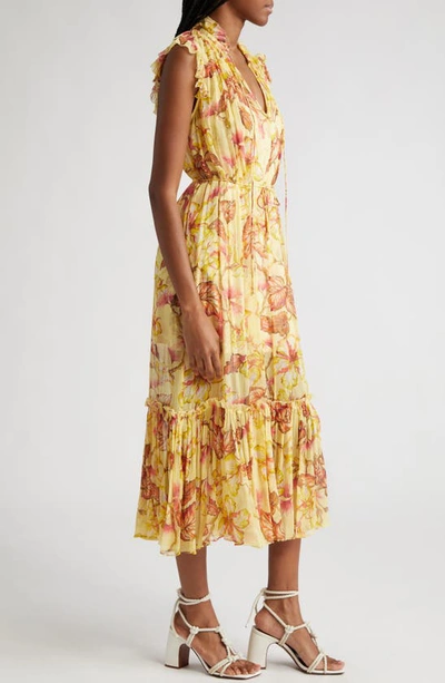 Shop Zimmermann Matchmaker Hibiscus Print Flutter Sleeve Midi Dress In Yellow Hibiscus