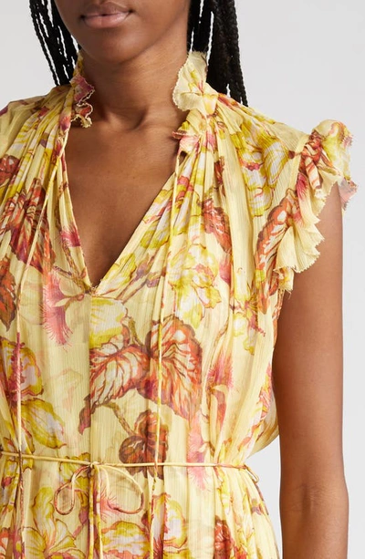 Shop Zimmermann Matchmaker Hibiscus Print Flutter Sleeve Midi Dress In Yellow Hibiscus