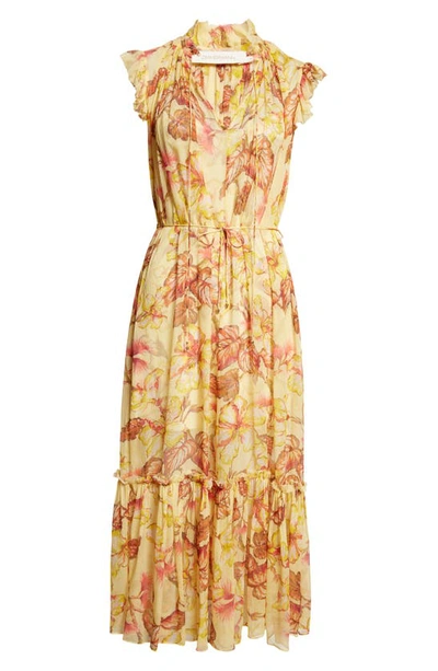 Shop Zimmermann Matchmaker Hibiscus Print Flutter Sleeve Midi Dress In Yellow Hibiscus