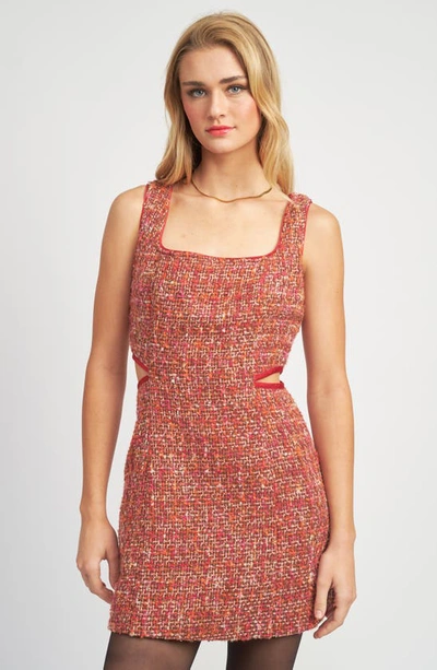 Shop En Saison Cutout Detail Sleeveless Tweed Minidress In Brown Pink