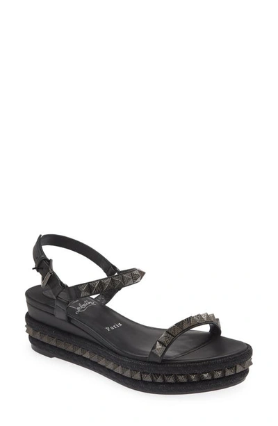 Shop Christian Louboutin Pyraclou Studded Espadrille Wedge Sandal In B439 Black/ Lin Black
