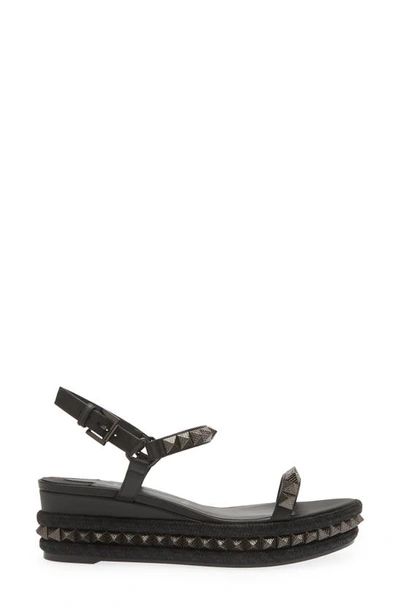 Shop Christian Louboutin Pyraclou Studded Espadrille Wedge Sandal In B439 Black/ Lin Black