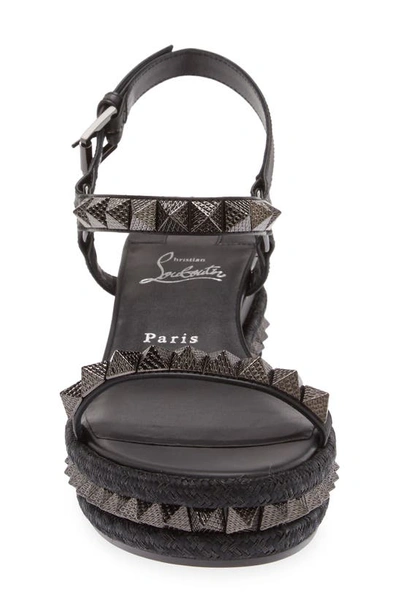 Shop Christian Louboutin Pyraclou Studded Espadrille Wedge Sandal In B439 Black/ Lin Black