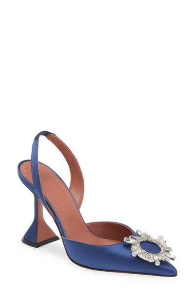 Shop Amina Muaddi Begum Crystal Pointed Toe Slingback Pump In Navy Blue