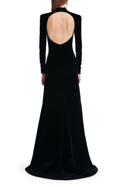 Shop Oscar De La Renta Open Back Long Sleeve Velvet Gown In Black