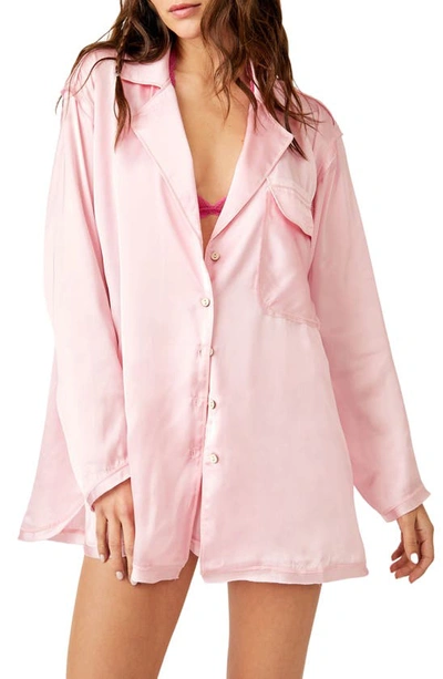 Shop Free People Like Honey Long-sleeve Satin Pajama Shirt In Cherry Blossom