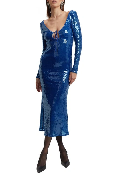 Shop Bardot Verona Sequin Long Sleeve Maxi Dress In Cobalt