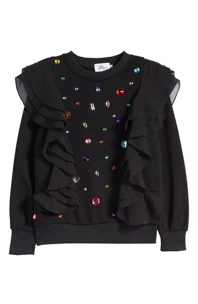 Shop Lola & The Boys Kids' Rainbow Rhinestone Ruffle Sweatshirt In Black