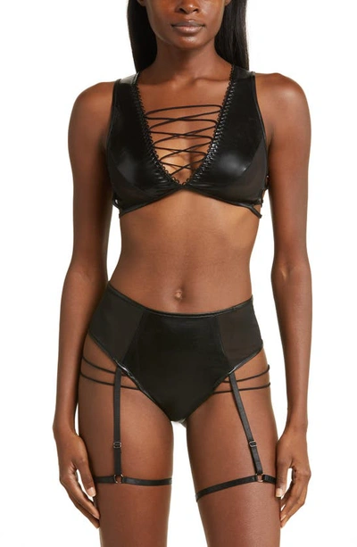 Shop Hauty Strappy Faux Leather & Mesh Bralette In Black