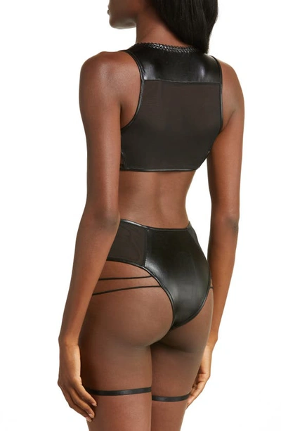 Hauty Strappy Faux Leather & Mesh Bralette In Black