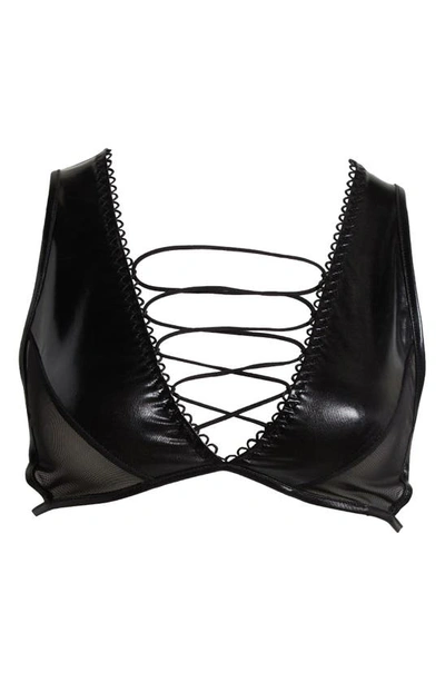Hauty Strappy Faux Leather & Mesh Bralette In Black