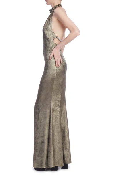 Shop Jewel Badgley Mischka Crystal Trim Halter Neck Mermaid Gown In Gold Dark Grey