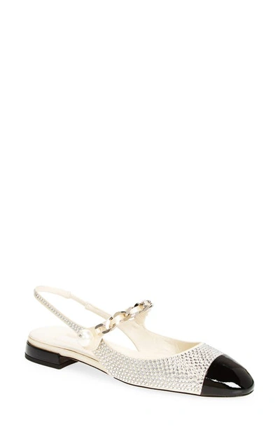 Shop Miu Miu Imitation Pearl Crystal Embellished Slingback Sandal In White/ Black
