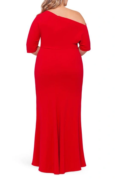 Betsy & Adam Plus Size Asymmetrical Neck Gown In Red