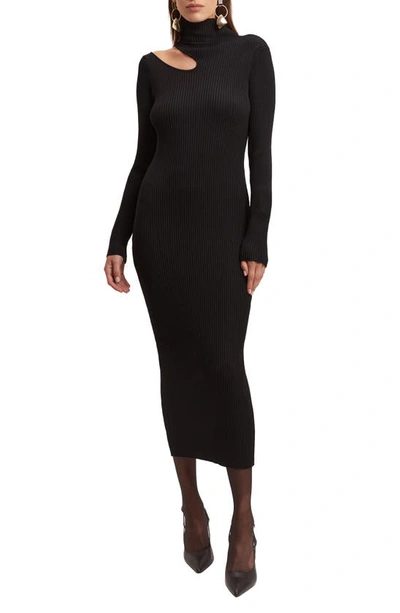 Shop Bardot Ainsley Cutout Long Sleeve Turtleneck Rib Sweater Dress In Black