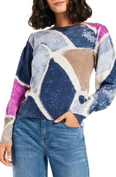 Shop Nic + Zoe Pattern Puff Shoulder Sweater In Blue Multi