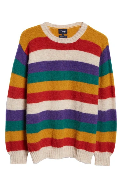 Shop Drake's Stripe Brushed Wool Crewneck Sweater In Ivory Multi
