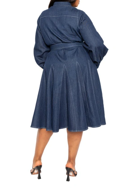 Buxom Couture Belted Long Sleeve Denim Shirtdress In Denim Blue