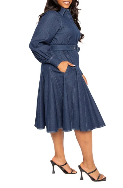 Buxom Couture Belted Long Sleeve Denim Shirtdress In Denim Blue
