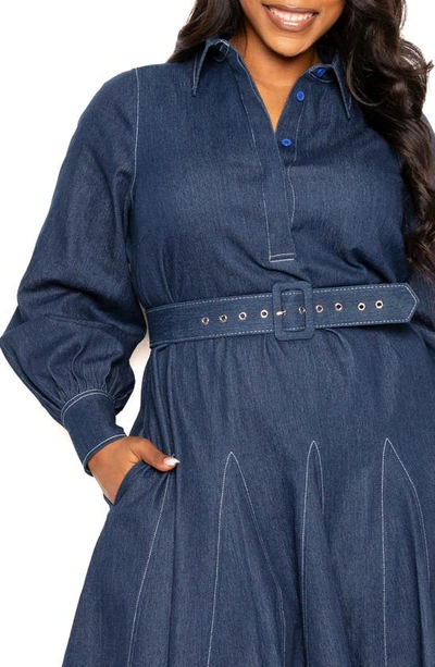 Buxom Couture Belted Long Sleeve Denim Shirtdress In Denim Blue