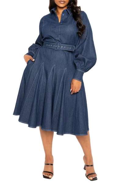 Buxom Couture Belted Long Sleeve Denim Shirtdress In Denim Blue