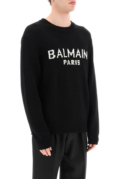 Shop Balmain Oversized Wool Logo Sweater In Black
