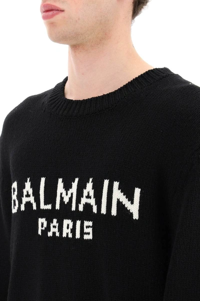 Shop Balmain Oversized Wool Logo Sweater In Black